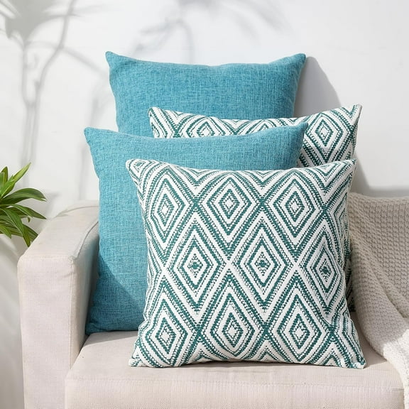 Ryan; Decorative Throw Pillow Covers Set of 4 Geometric Design Cushion Cover for Couch Sofa Living Room, 18"x18" inches, Aqua Blue