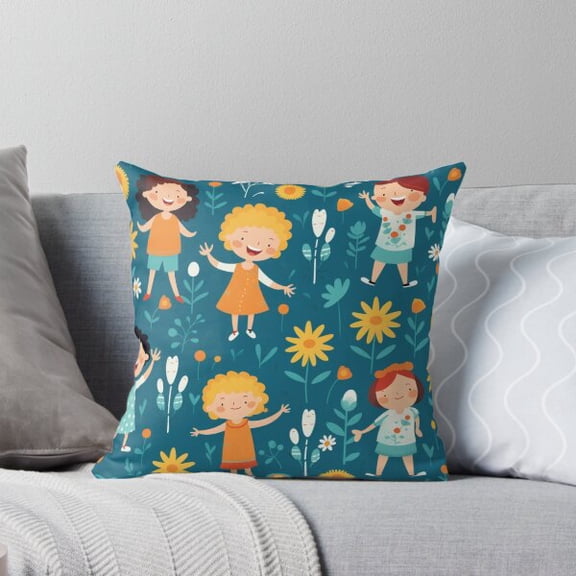 Ryan; Cheerful Happy Kids Pattern Throw Pillow Cover with Bright Colors for Playroom or Nursery Decor 45x45cm（18x18 inch）