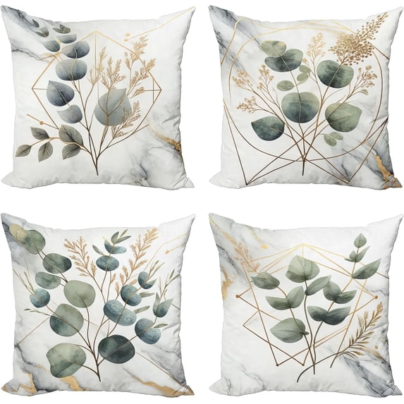 Ryan; Eucalyptus Throw Pillow Cushion Cover Set of 4, Watercolor Branches with Geometric Polygonal Shapes on Marble Print, Decorative Accent Double-Sided Printing, 18", Blue Grey Sand Brown