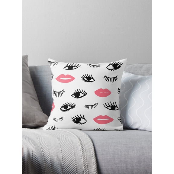 Ryan; Eyes and Lips Fashion Print Throw Pillow – Chic Makeup Inspired Cushion for Bedroom, Dressing Room or Boutique Décor, Soft Plush Fabric, 18×18"