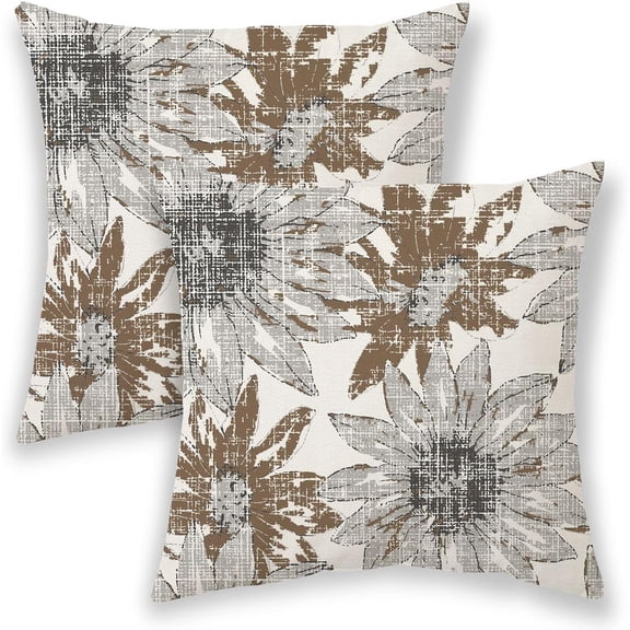 Ryan; Grey Brown Pillow Covers 18x18, Gray Vintage Sunflower Outdoor Decorative Throw Pillows for Couch, Retro Floral Decor Cushion Cover 2 Pcs Soft Farmhouse Square Pillowcase for Bed Safa