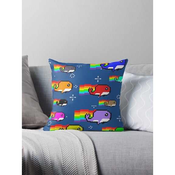 Ryan; Happy Nyan Whales Throw Pillow – Cute Cartoon Whale Design Inspired by Internet Culture for Kids Room or Fun Living Space, Soft Fabric Cover, 18×18"