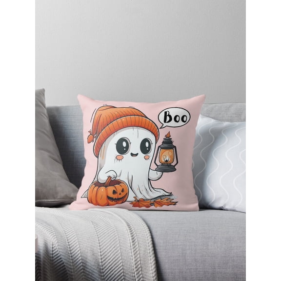 Ryan; Kawaii Cute Spooky Ghost Boo Pumpkin Jack-O-Lantern Throw Pillow Cover 45x45cm – Autumn Halloween Fun Cushion for Holiday