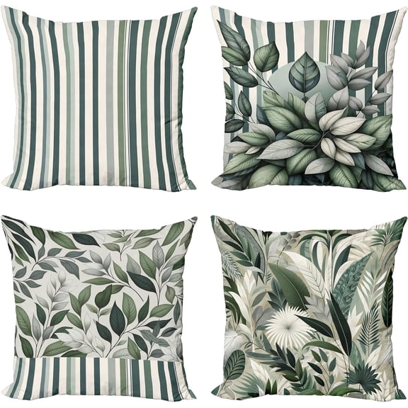 Ryan; Leaves Throw Pillow Cushion Cover Set of 4, Modern and Soft Leaf Pattern with Simplistic Stripes Botanical Style Art, Decorative Accent Double-Sided Printing, 18", Laurel Green and Ivory