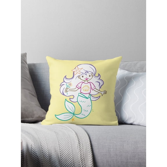 Ryan; Little Lady Mergirl Mermaid Throw Pillow Cover 45x45cm, Cute Fantasy Ocean Themed Decorative Cushion Case for Kids and Coastal Decor
