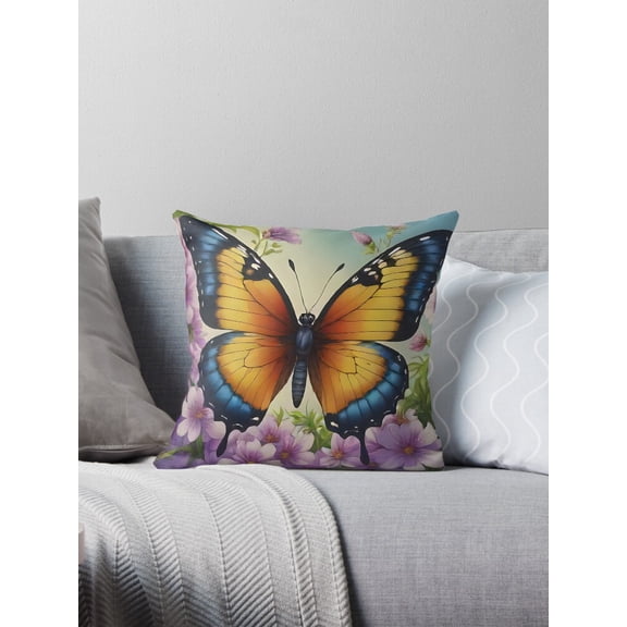 Ryan; Lost in Nature Throw Pillow with Earthy Forest Graphic and Butterfly Design for Eco Decor, Woodland Bedroom or Nature Lover Sofa
