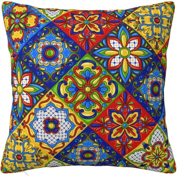 Ryan; Mexican Talavera Ceramic Tile Pattern Throw Pillow Cushion Cover, Decorative Square Accent Pillow Case