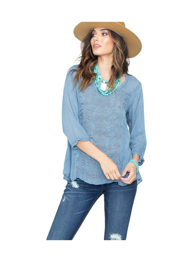 Women's Embroidered Cupra Rayon Top Navy   US