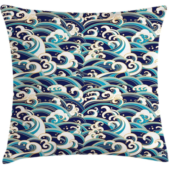 Ryan; Nautical Pillow Cushion Cover Pack of 2, Traditional Oriental Style Ocean Waves Pattern Foam and Splashes Print, Decorative Square Accent Pillow Case, 2 Pcs-18" x 18", Blue and White
