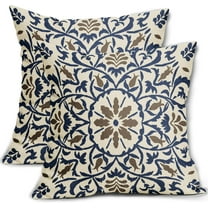 Ryan; Navy Blue Brown Boho Pillow Covers 18 X Inch Bohemian Ethnic Carpet Style Vintage Flower Print Decorative Throw Pillows Outdoor Square Cushion Case Farmhouse Decor Set of 2