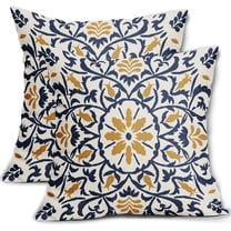 Ryan; Navy Blue Yellow Boho Pillow Covers 18 X 18 Inch Bohemian Ethnic Carpet Style Vintage Flower Print Decorative Throw Pillows Outdoor Cushion Case Farmhouse Decor for Home Sofa Bed Set of 2