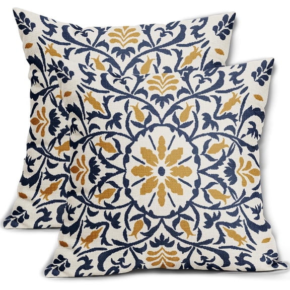 Ryan; Navy Blue Yellow Boho Pillow Covers 18 X 18 Inch Bohemian Ethnic Carpet Style Vintage Flower Print Decorative Throw Pillows Outdoor Cushion Case Farmhouse Decor for Home Sofa Bed Set of 2