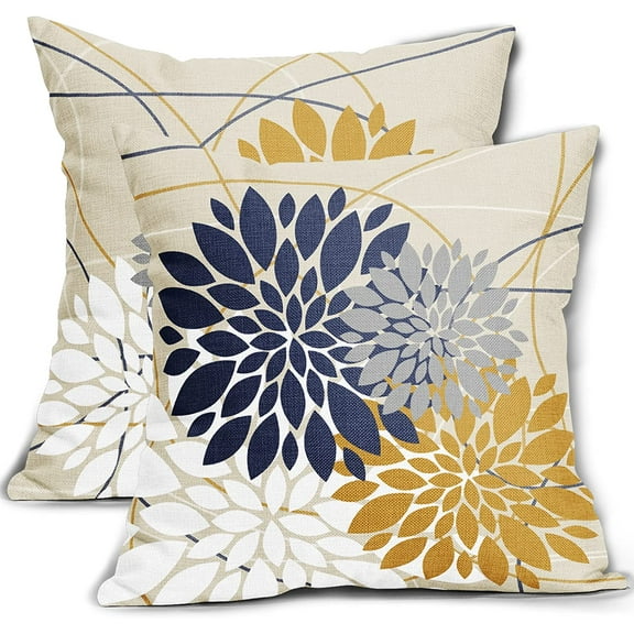 Ryan; Navy Blue and Yellow Pillow Covers 18X18 Dahlia Flower Spring Summer Elegant Floral Outdoor DecorativeThrow Pillow Cases Farmhouse Decor for Home Couch Sofa Bed Square Cushion Covers, Set of 2
