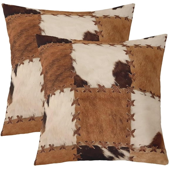 Ryan; (Not Real)Cow Fur Throw Pillow Covers 18x18 Set of 2,Patchwork Cowhide Print Decorative Accent Pillow Cases For Bedroom,Cow Spots Pillow Covers,Western Cowboy Cowgirl Cushion Covers,Brown White