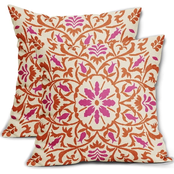 Ryan; Orange Hot Pink Boho Pillow Covers 18 X Inch Bohemian Ethnic Carpet Style Vintage Flower Fall Print Decorative Throw Pillows Outdoor Cushion Case Farmhouse Decor Set of 2