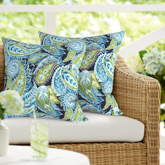 Ryan; Pack of 2 Patio Pillow , Square Outdoor Decorative Throw Pillow for Home,Sofa,Bench and Patio Furniture (18 x 18 in,Paisley Lapis Green)