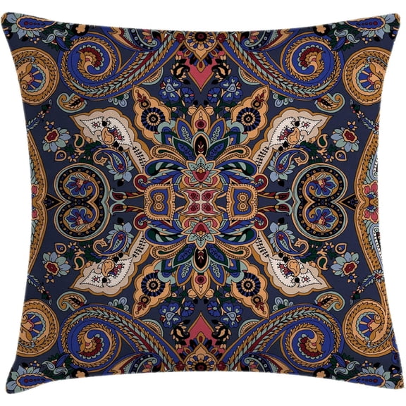 Ryan; Paisley Throw Pillow Cushion Cover, Historical Moroccan Florets with Slavic Effects Heritage Design, Decorative Square Accent Pillow Case, 18" X 18", Royal Blue Sand Brown