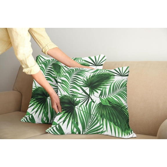 Ryan; Palm Leaf Pillow Cushion Cover Pack of 2, Realistic Vivid Leaves of Palm Tree Growth Ecology Botany Themed Print, Decorative Square Accent Pillow Case, 2 Pcs-18" x 18", Fern Green White
