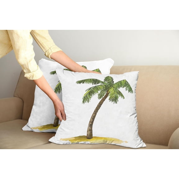 Ryan; Palm Tree Pillow Cushion Cover Pack of 2, Cartoon Palm Tree Image Tropical Plant and Sand Serenity Nature Foliage Print, Decorative Square Accent Pillow Case, 2 Pcs-18" x 18", Green Brown