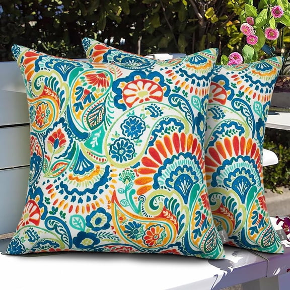 Ryan; Patio Pillow Covers ONLY 18"x18", Set of 2, Fade-Resistant Outdoor Indoor Cushion Cases Decorative Throw Pillowcase Shell for Couch Garden Furniture -Paisley Multi