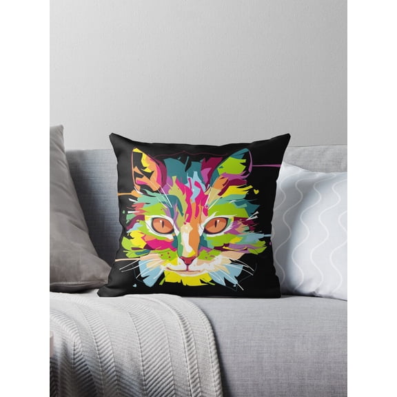 Ryan; Retro Pop Art Cat Throw Pillow – Vibrant Colorful 45x45cm Design for Funky Animal Lovers and Art Fans