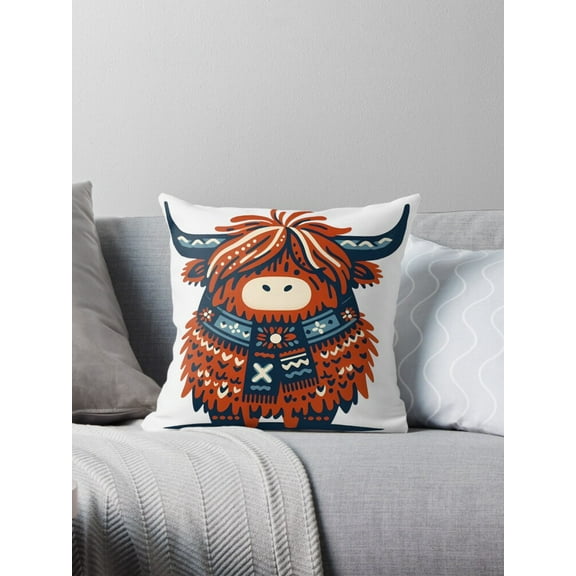 Ryan; Scottish Highland Cow Throw Pillow, Rustic Farmhouse Animal Decor Cushion
