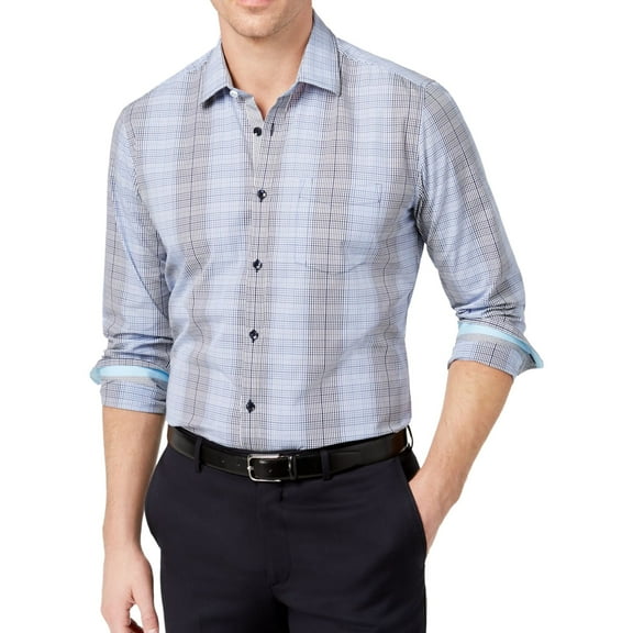 Ryan Seacrest Mens Blue Grid Button Up Shirt, Blue, Large