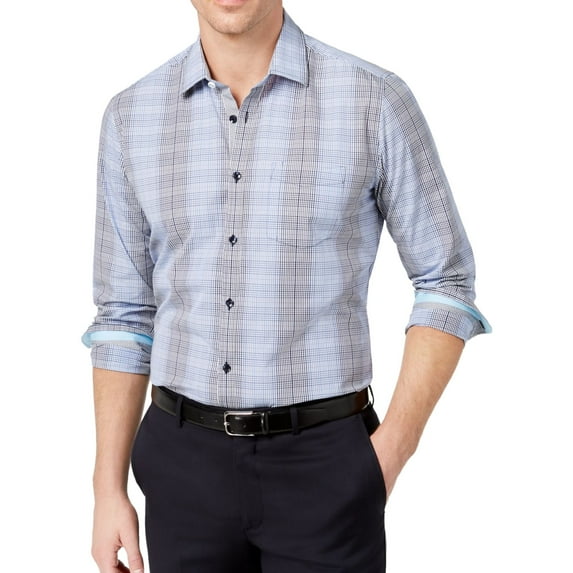 Ryan Seacrest Mens Blue Grid Button Up Shirt, Blue, Large