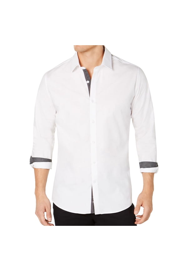 Ryan Seacrest Mens Contrast Trim Button Up Shirt, White, Large
