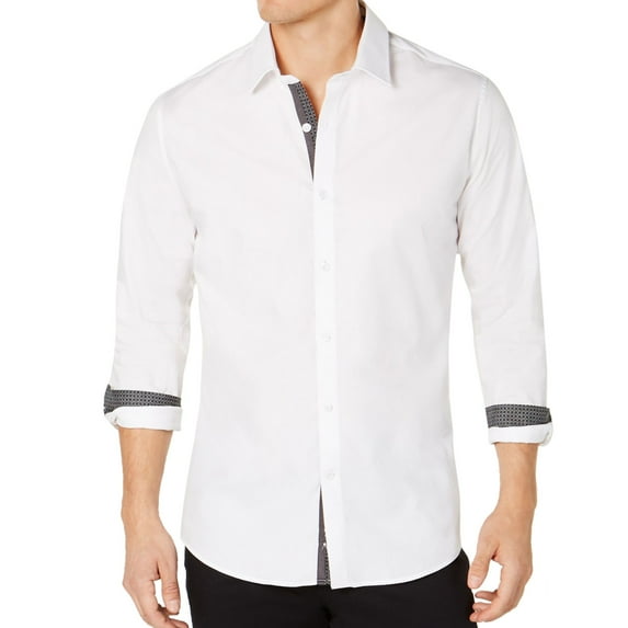 Ryan Seacrest Mens Contrast Trim Button Up Shirt, White, Medium