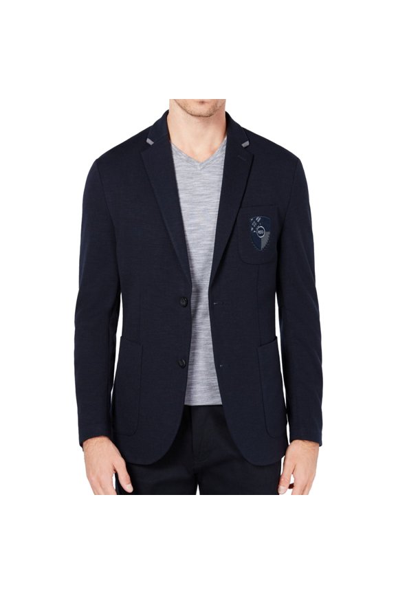 Ryan Seacrest Mens Crest Patch Two Button Blazer Jacket, Blue, Small
