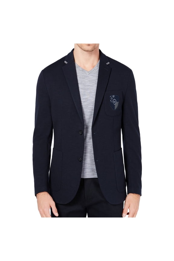 Ryan Seacrest Mens Crest Patch Two Button Blazer Jacket, Blue, XX-Large