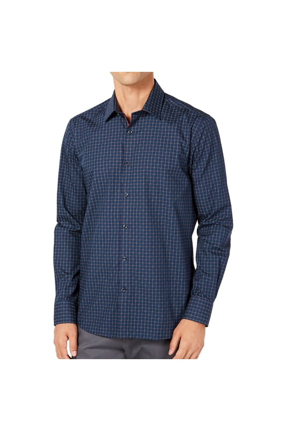 Ryan Seacrest Mens Grid Print Button Up Shirt, Blue, Large