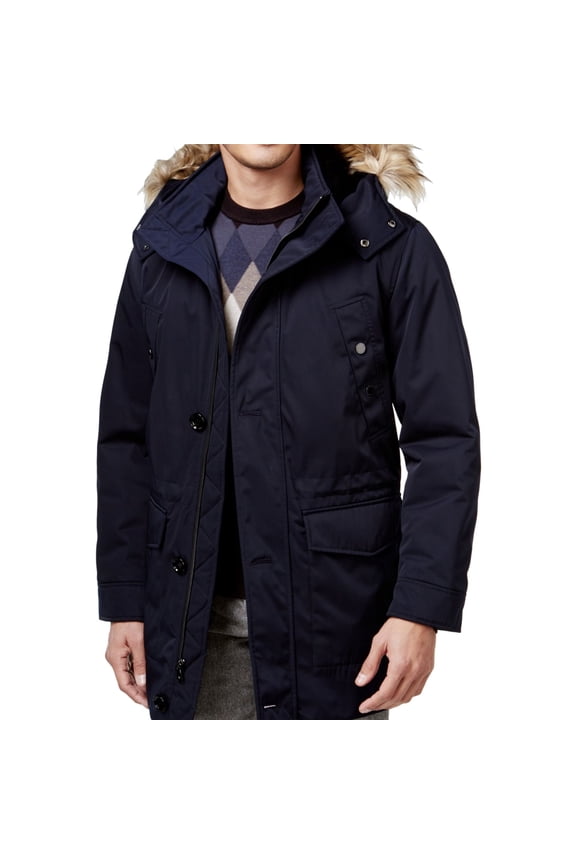 Ryan Seacrest Mens Luxe Twill Faux-Fur Parka Coat, Blue, Small