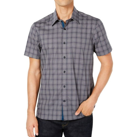 Ryan Seacrest Mens Plaid Button Up Shirt, Grey, Large