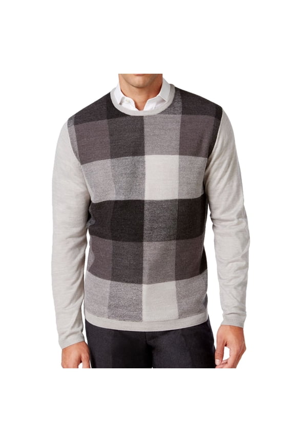 Ryan Seacrest Mens Plaid-Front Pullover Sweater, Grey, X-Large