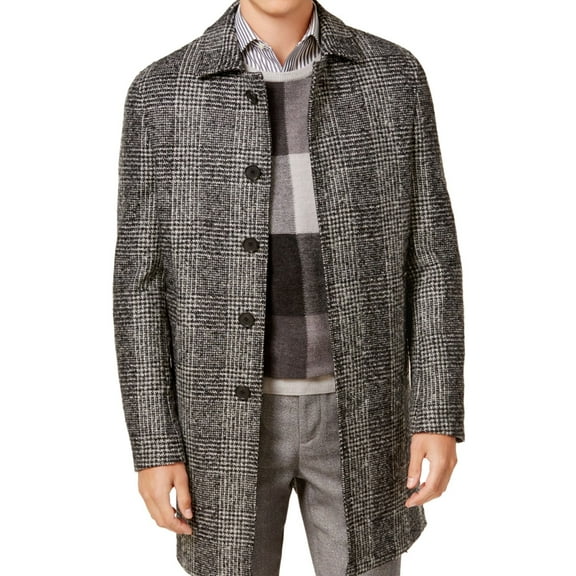 Ryan Seacrest Mens Plaid Overcoat Dress, Black, Plus Size, 48