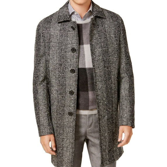 Ryan Seacrest Mens Plaid Overcoat Dress, Black, Plus Size, 48