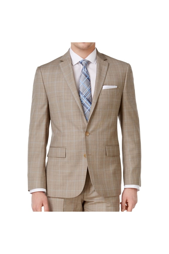 Ryan Seacrest Mens Plaid Two Button Blazer Jacket, Beige, 36 Regular