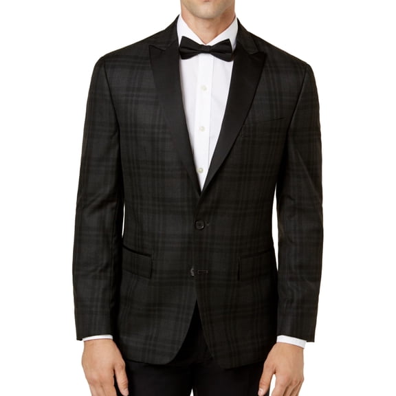 Ryan Seacrest Mens Tartan Two Button Blazer Jacket, Black, 40 Regular
