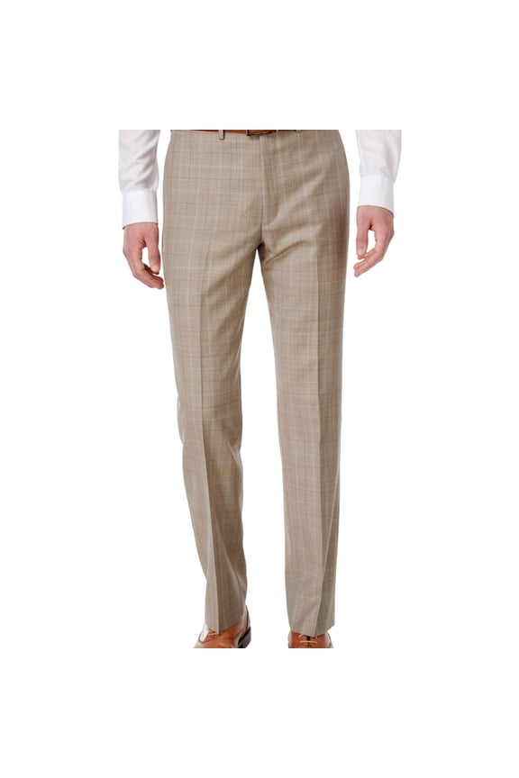 Ryan Seacrest Mens Windowpane Dress Pants Slacks, Beige, 30W x 32L