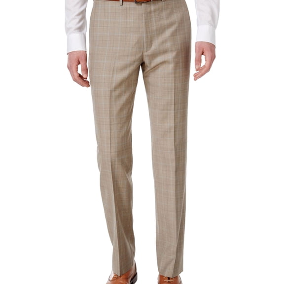 Ryan Seacrest Mens Windowpane Dress Pants Slacks, Beige, 30W x 32L