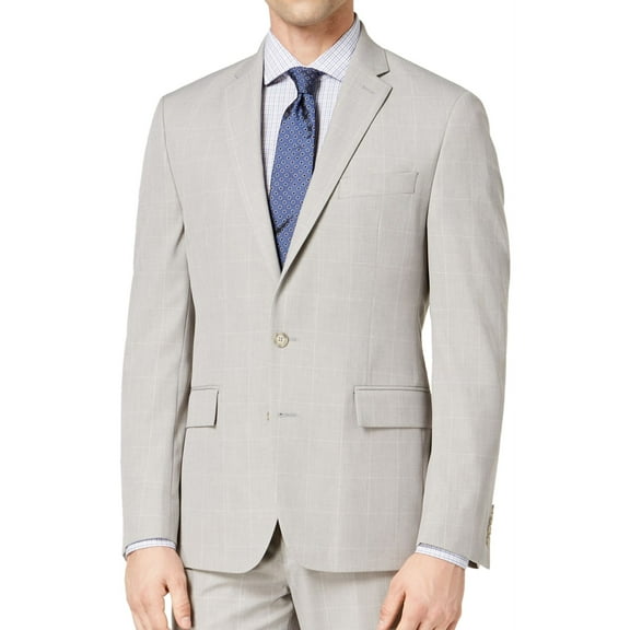 Ryan Seacrest Mens Windowpane Suit Two Button Blazer Jacket, Grey, 40 Short