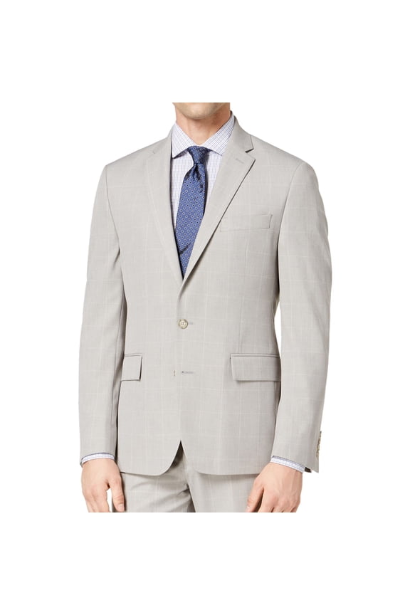 Ryan Seacrest Mens Windowpane Suit Two Button Blazer Jacket, Grey, 40 Short