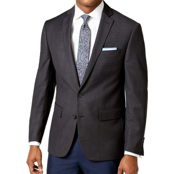 Ryan Seacrest Mens Windowpane Two Button Blazer Jacket, Grey, 42 Regular