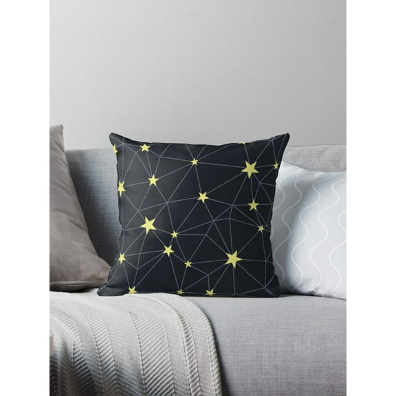 Ryan; Seamless Yellow Star Pattern Throw Pillow with Galaxy Theme in Black for Kids Room, Sci-Fi Decor or Celestial-Inspired Interior