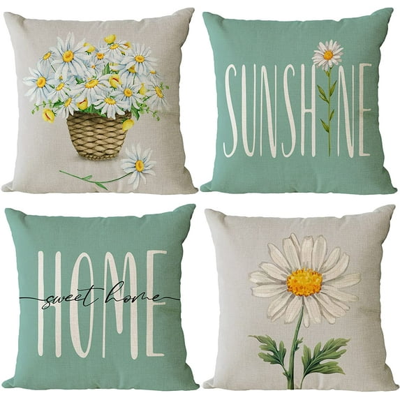 Ryan; Set of 4 Dasiy Pillow Covers 18x18 Spring Summer Pillow Covers Hello Sunshine Pillow Covers Cushion Covers Square Pillow Cases for Couch Sofa Patio Outdoor Home Decor(18 Inch)