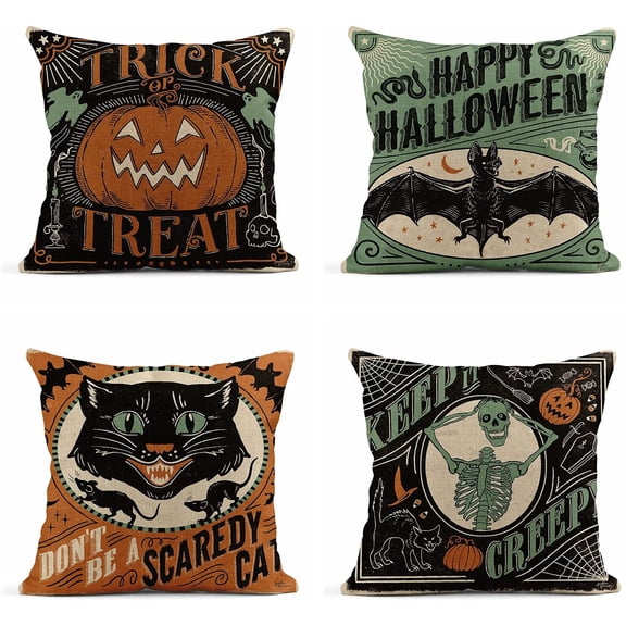 Ryan; Set of 4 Throw Pillow Covers 18x18 Inch Vintage Halloween Scaredy Cats Pumpkins Skeletons Home Decor Pillowcase Square Cushion Covers for Sofa Bed Couch