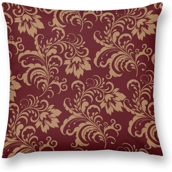 Ryan; Short Plush Pillow Case Covers 18" x 18", Flower Maroon Gold Floral Classy Burgundy Antique Soft and Cozy Sofa Cushion Cover with Invisible Zipper for Bedroom, Living Room