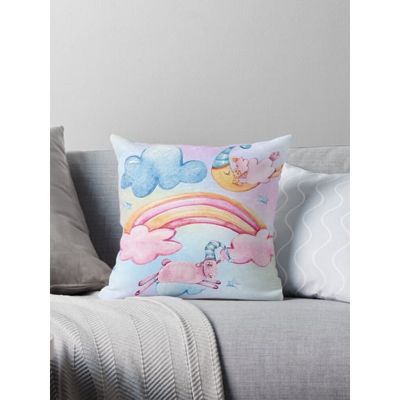 Ryan; Sleepy Sheep Pillow Cover 45x45cm – Rainbow Moon and Stars Theme for Nursery and Kids Room